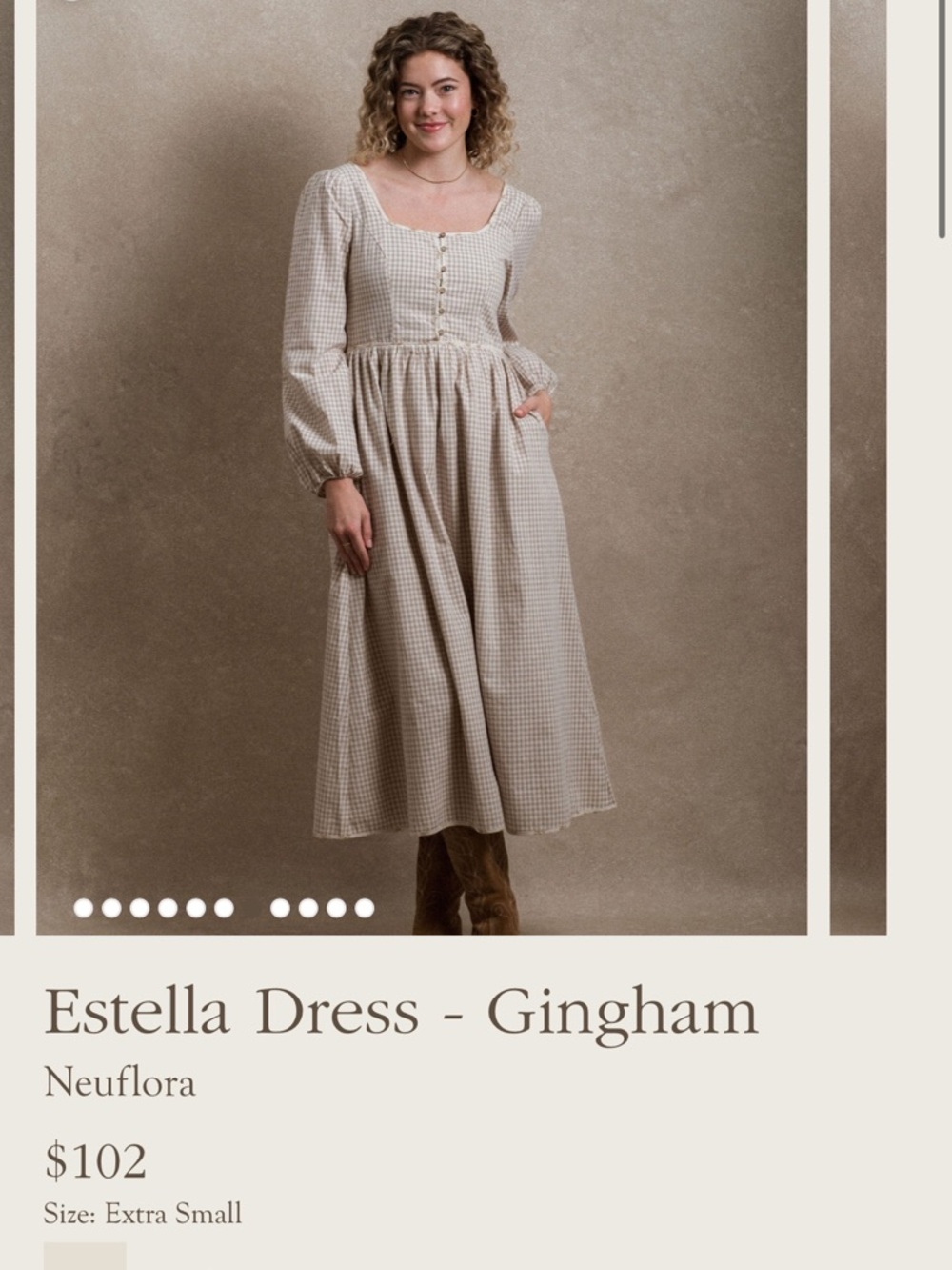 Estella Gingham Midi Dress in Beige